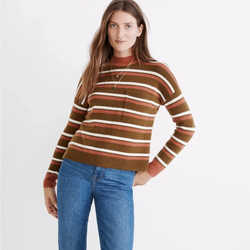 Madewell Redmond Mockneck Pocket Sweater in Stripe, Asparagus, size XS